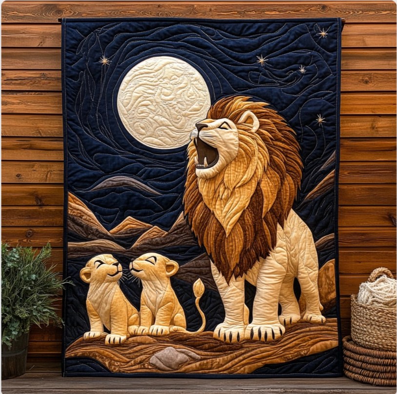 Lion Family Moonlit Safari Quilt – A Symbol of Strength and Serenity